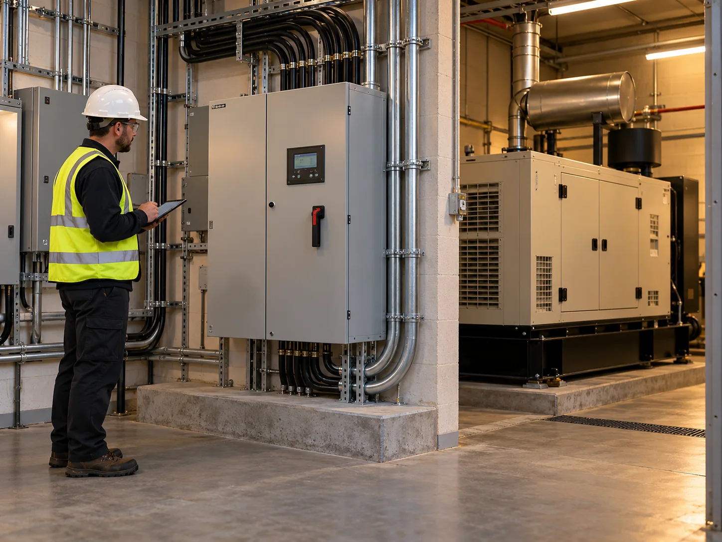 Técnico conferindo painel QTA e infraestrutura elétrica de instalação