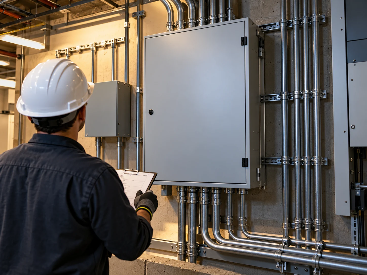 Técnico inspecionando instalação de quadro elétrico e infraestrutura para gerador