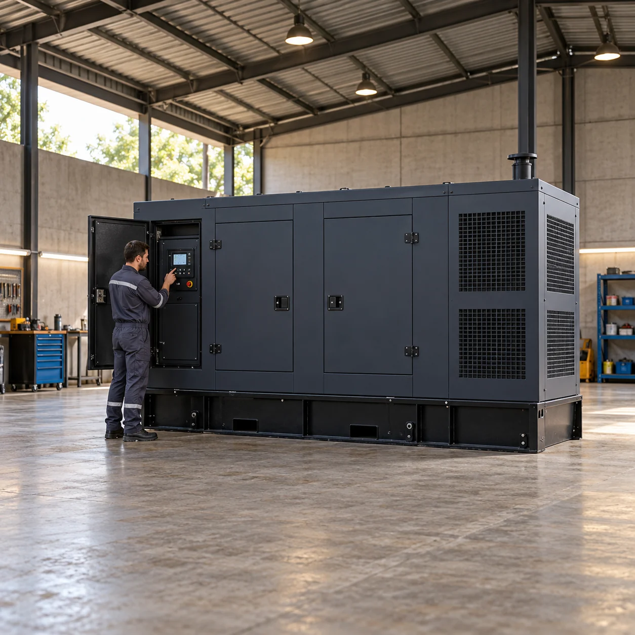 Técnico inspecionando gerador a diesel cabinado de aproximadamente 150 kVA