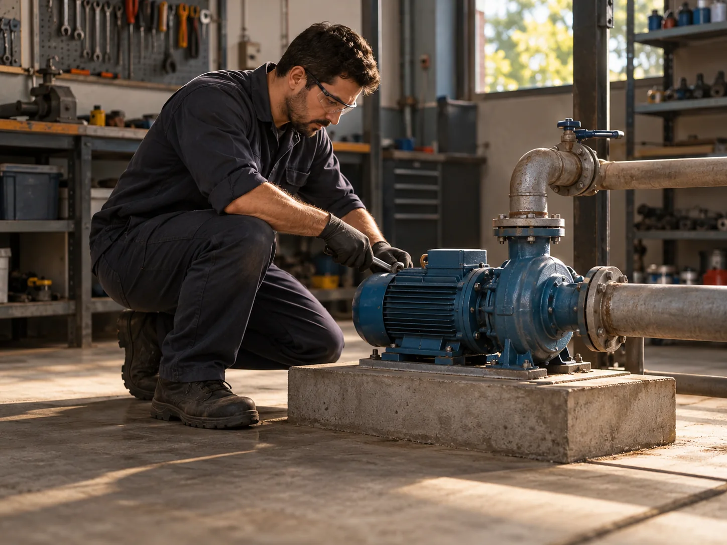Técnico inspecionando uma bomba centrífuga de pequeno porte