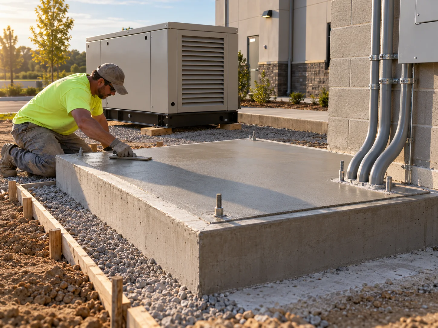 Profissional executando acabamento em base de concreto para gerador