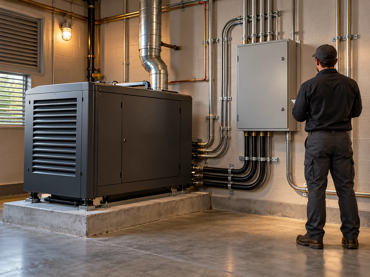 Gerador instalado ao lado de quadro de transferência e conduítes