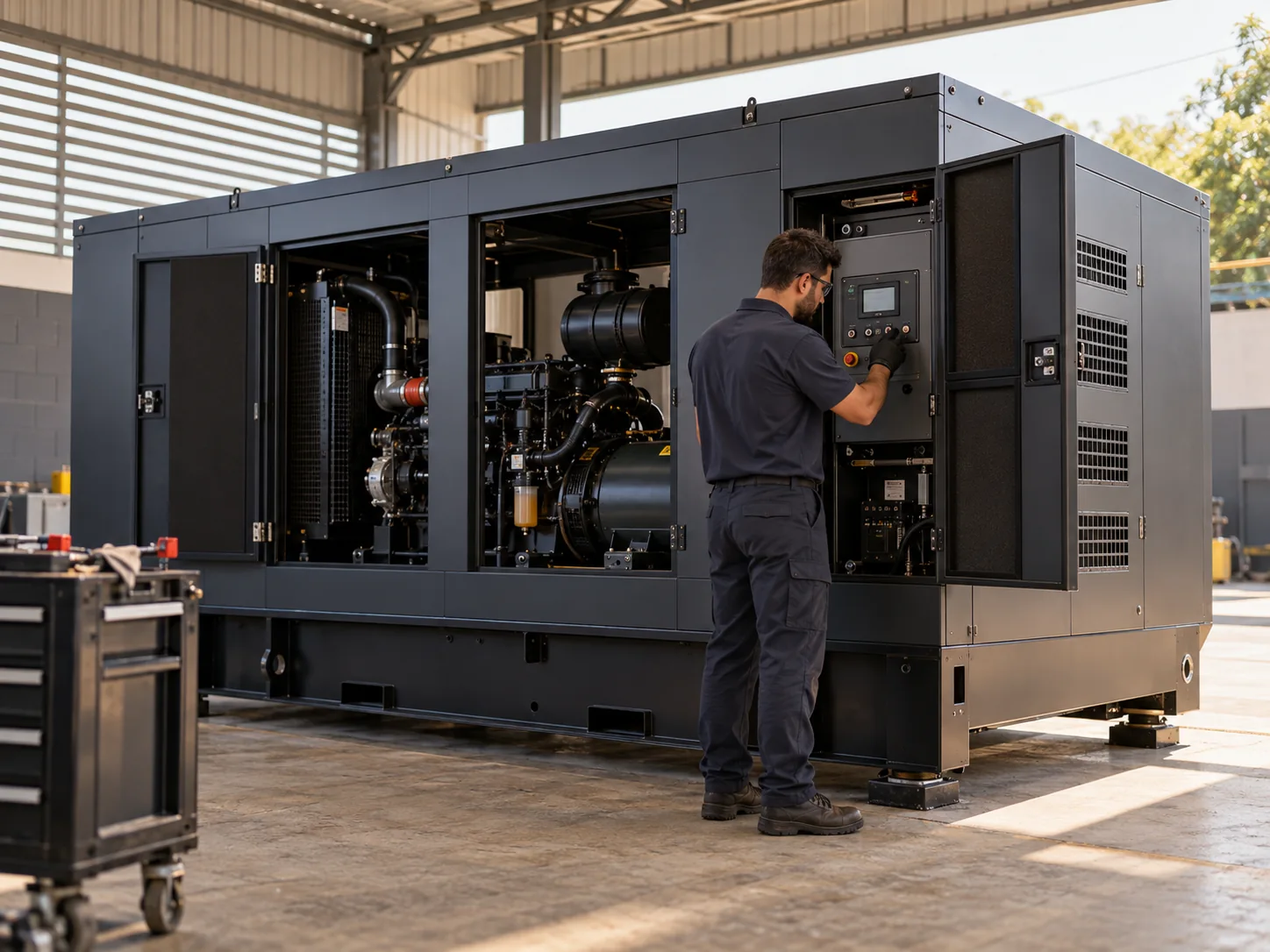 Técnico verificando o painel de um gerador diesel cabinado durante manutenção