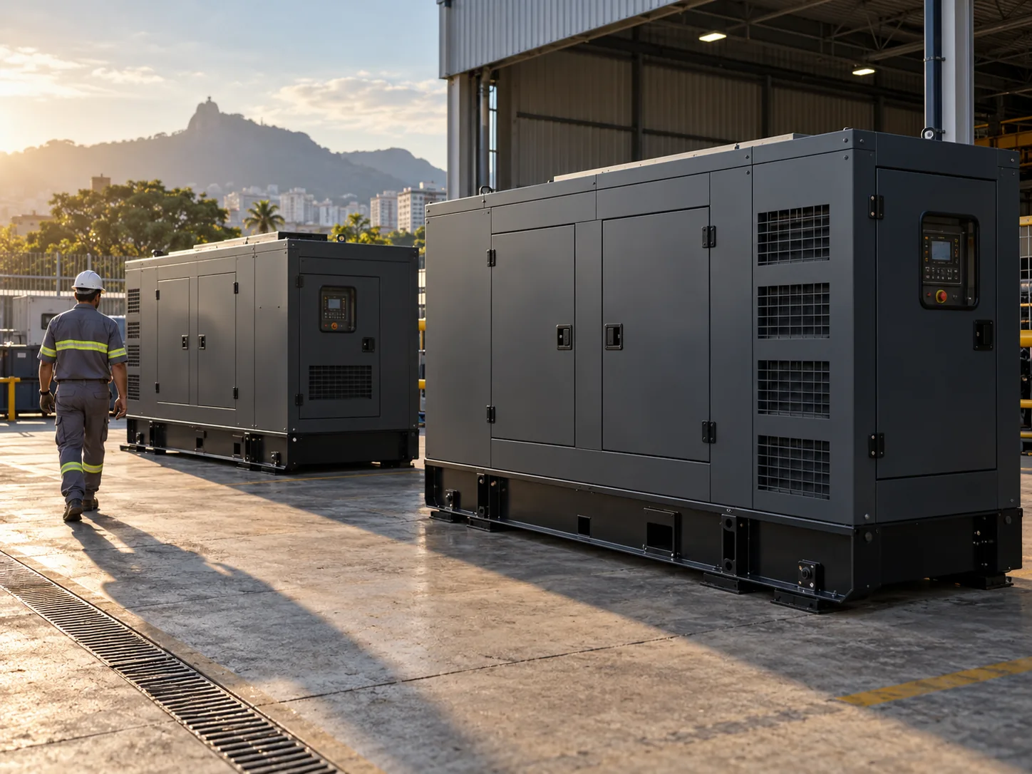 Dois geradores cabinados a diesel em pátio de equipamentos